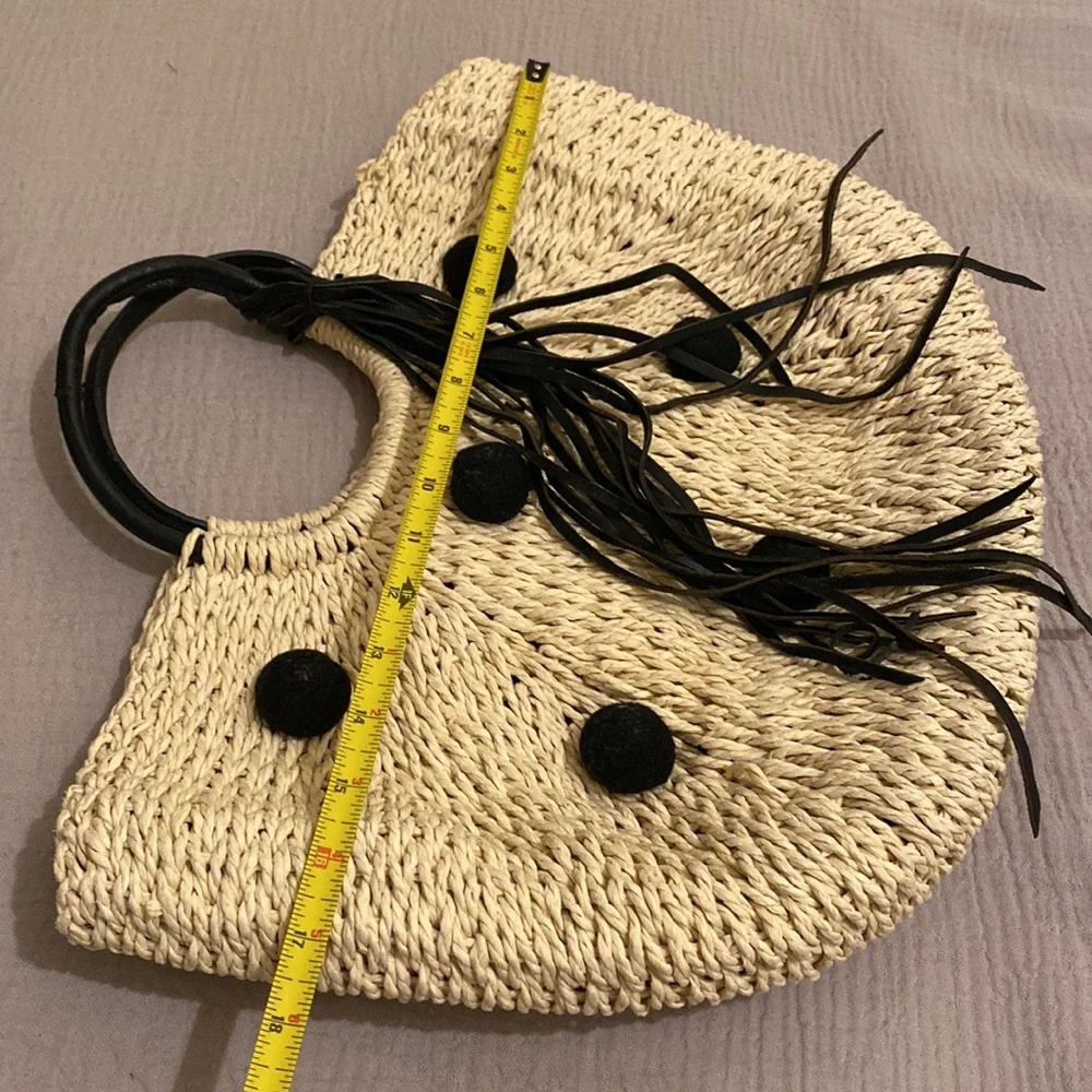 Rebecca Mincoff Stylish Black and Tan Straw Pom Pom Women's Handbag